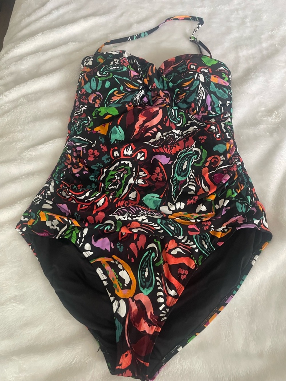 Anne Cole NWOT black floral tropical one piece twist top tummy control ruched